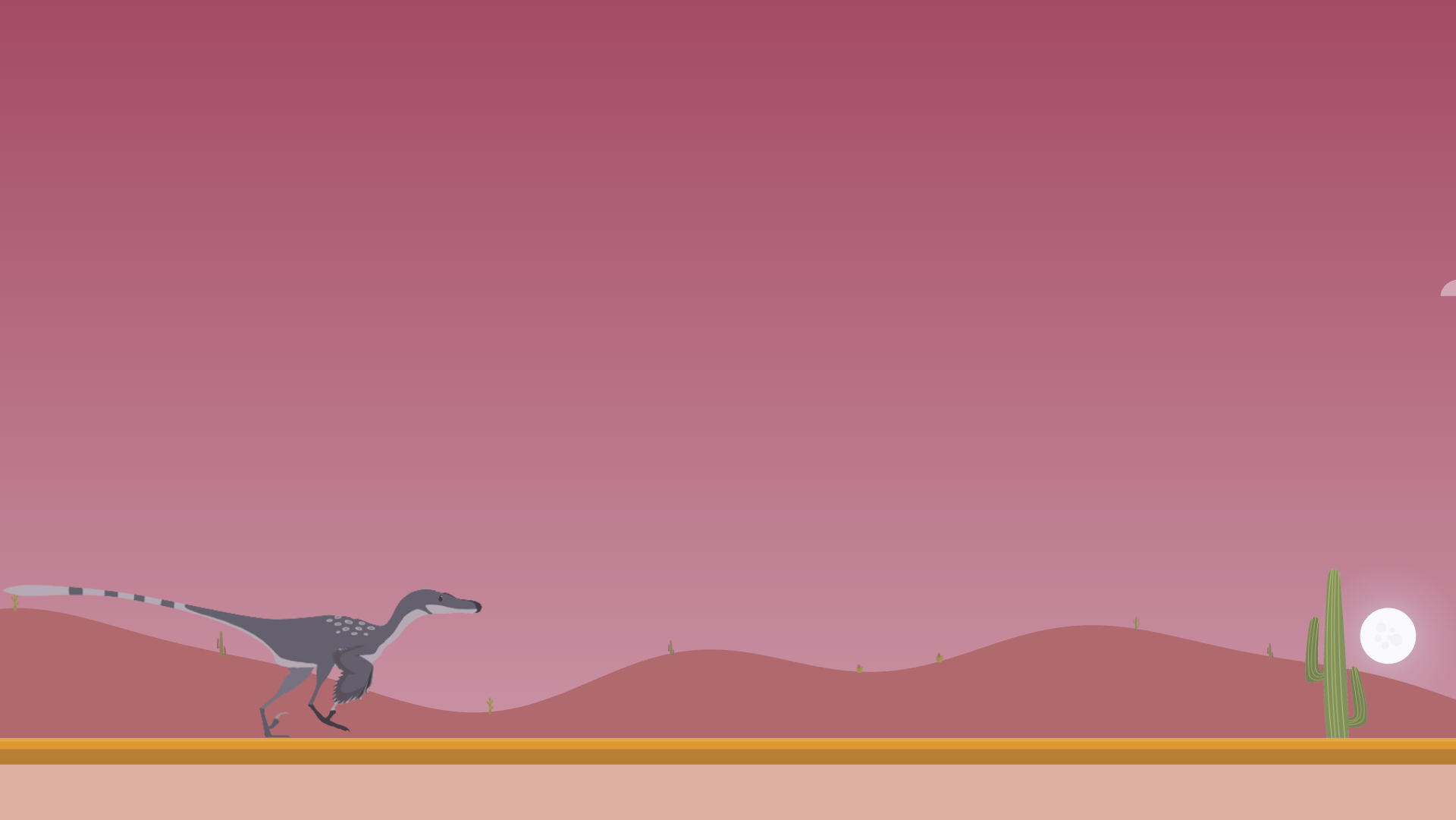 Raptor Runner at sunset — magenta-pink sky, moon rising behind a cactus