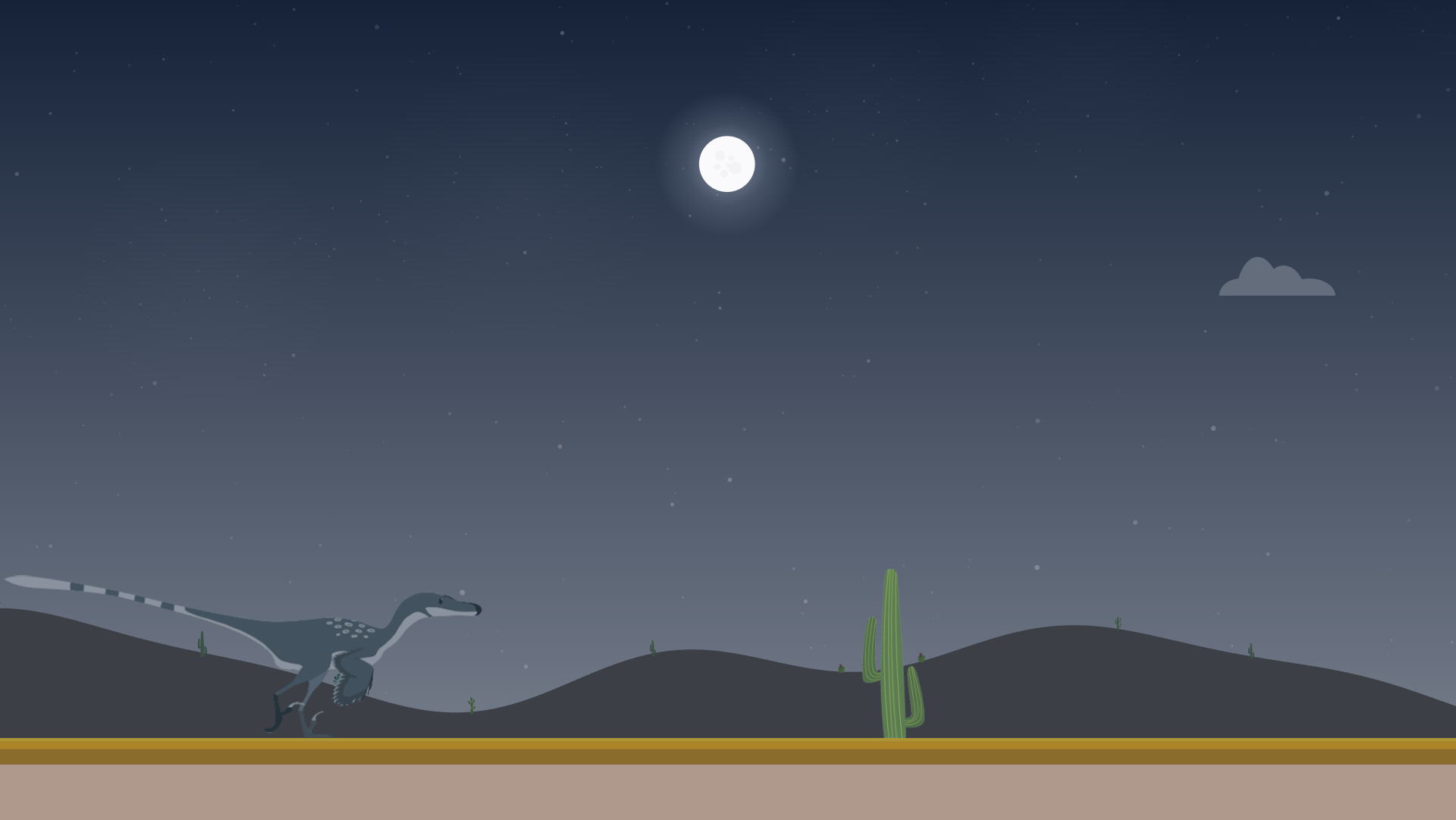 Deep night scene — moon at zenith, stars over silhouetted dunes