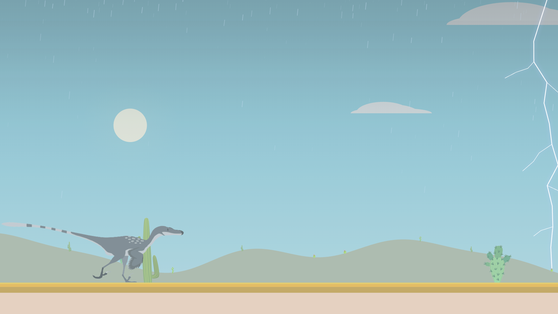 Storm scene — rain streaks and a lightning bolt striking the desert